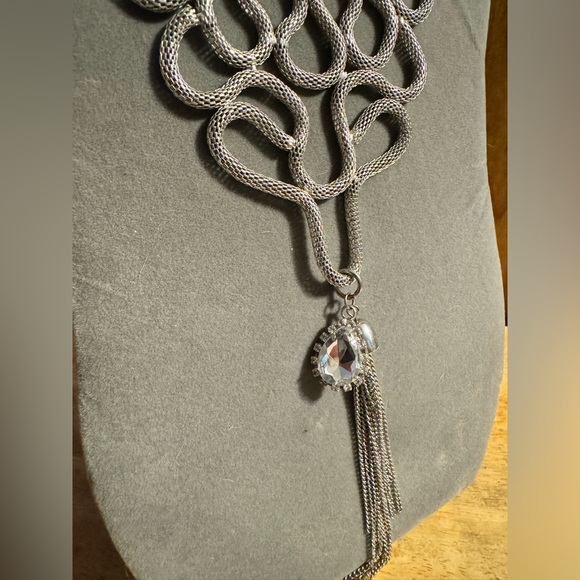 EFM Silver Tone Statement Rhinestone Tassel Necklace - Picture 3 of 5